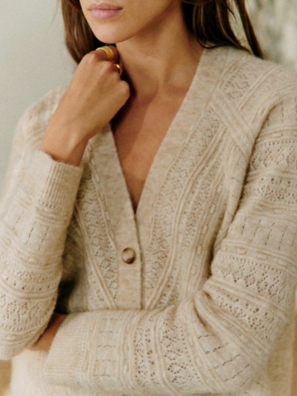Like New Sezane Eya Mohair Wool Fancy Knit Cardigan Light Beige XS